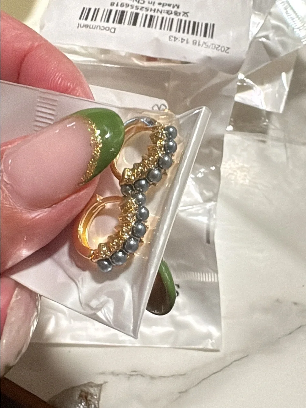 Gold-Tone Hoop Earrings with Gray Pearl Accents